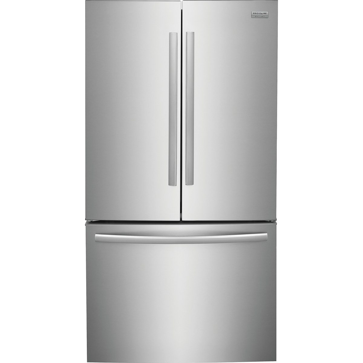 Front view of a Frigidaire brushed steel French door refrigerator with bottom freezer drawer
