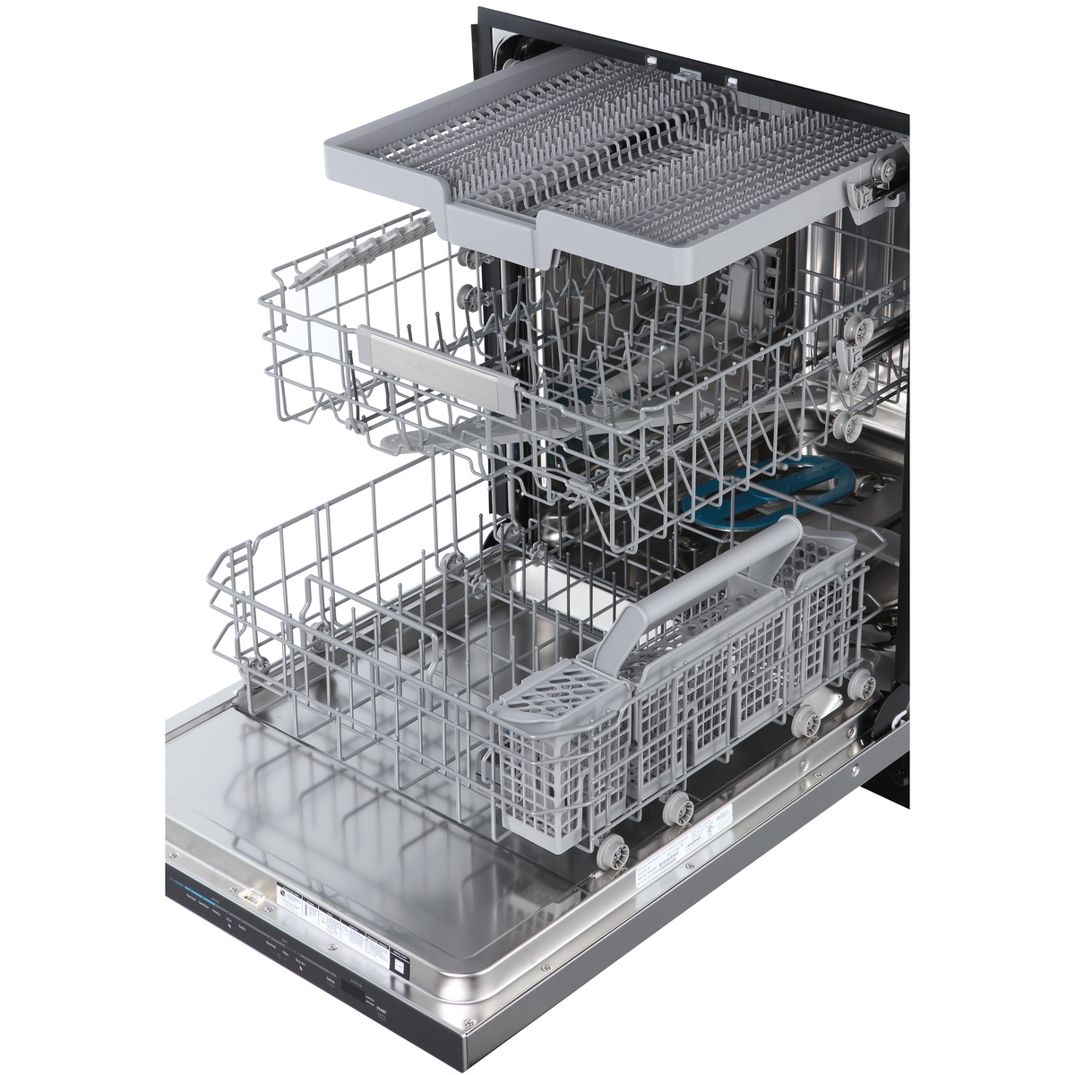 Open dishwasher interior showing a third rack at the top, upper and lower racks, and a silverware basket
