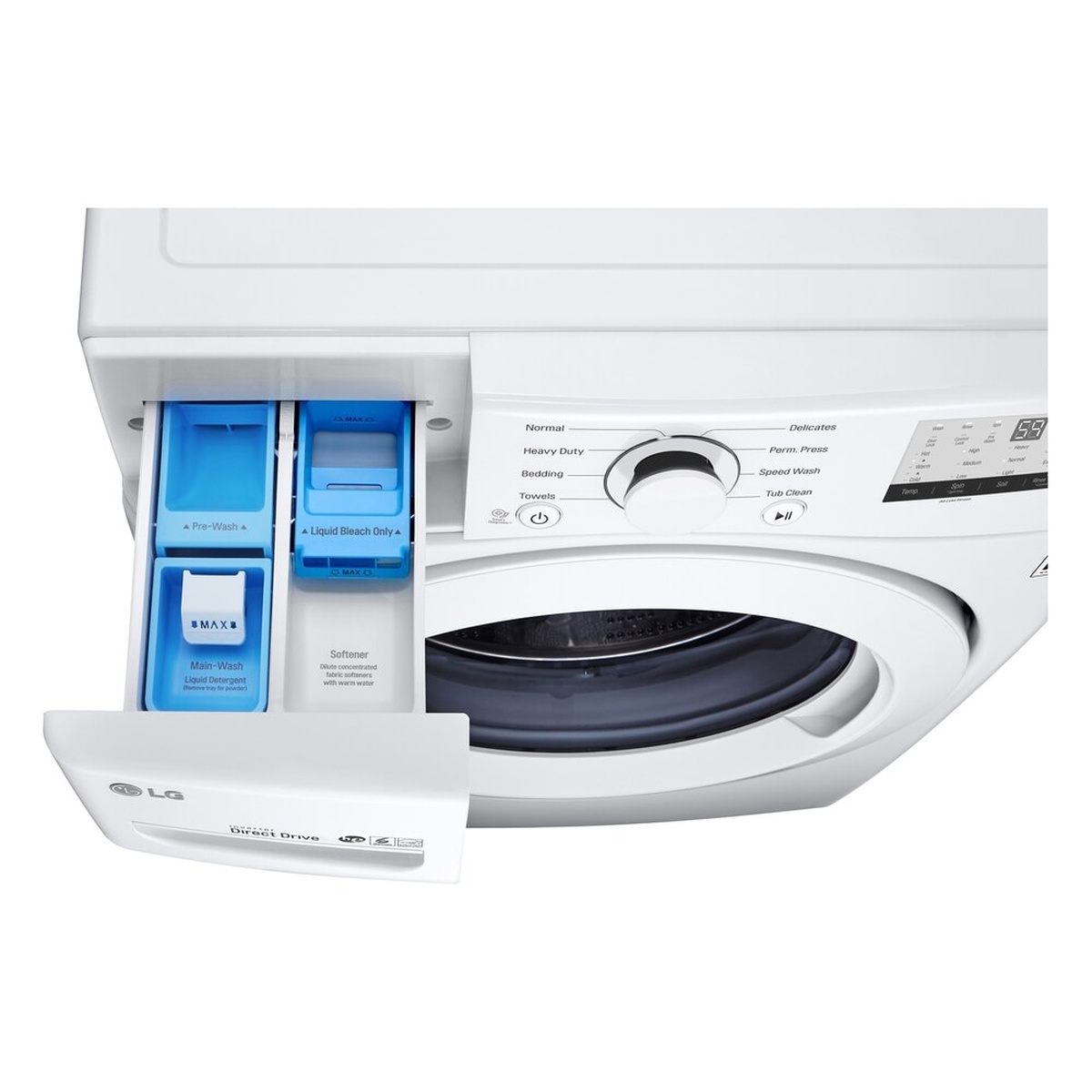 Detergent dispenser drawer pulled out on the LG WM3400CW washer, showing multiple compartments