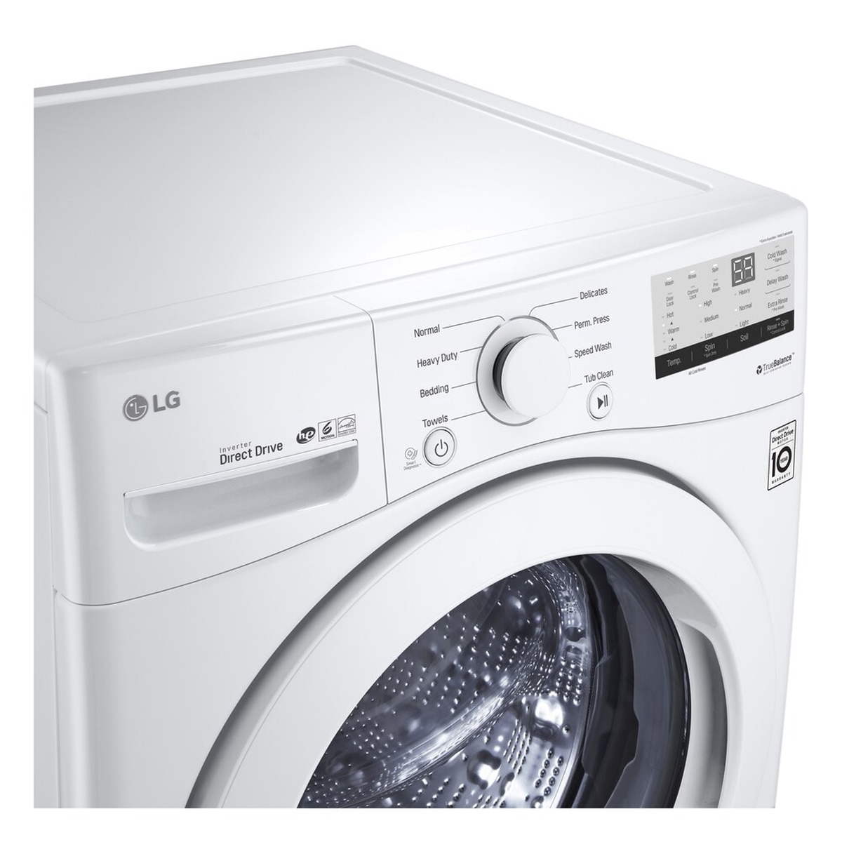 Angled close-up of the LG WM3400CW washer top panel showing the cycle dial and digital display
