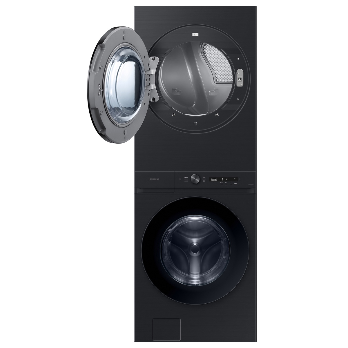 Angled view of the black Samsung BESPOKE laundry centre with the upper dryer door open, showing the dryer drum interior.
