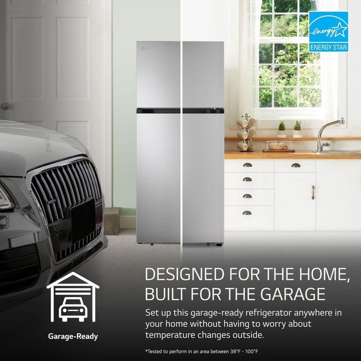 LG stainless top-freezer refrigerator shown in a split home and garage scene with an ENERGY STAR logo and garage-ready message