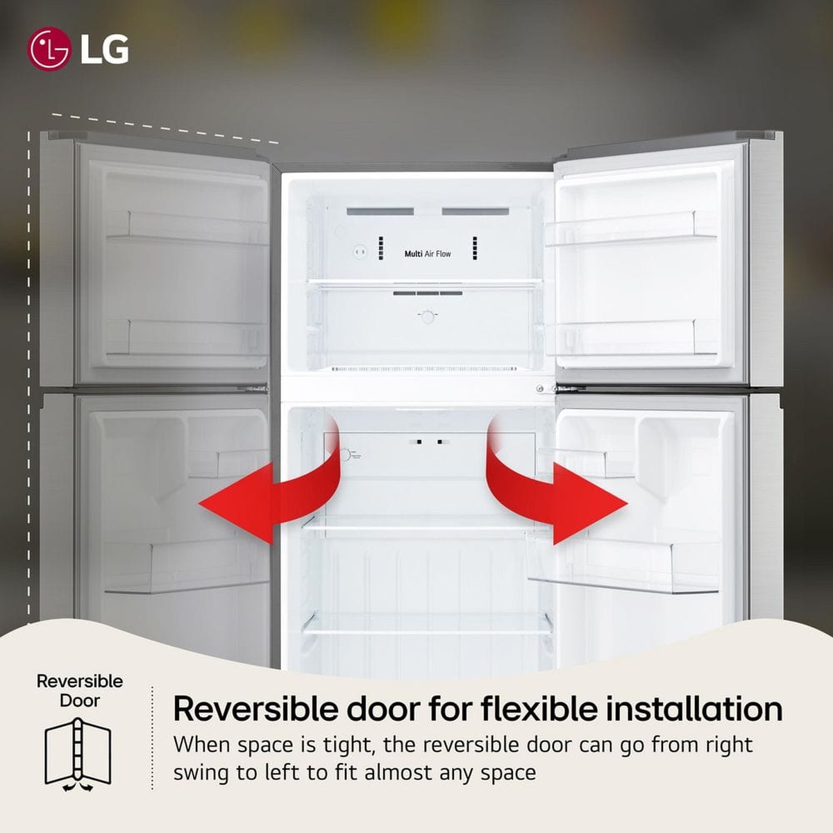 Open LG top-freezer refrigerator interior with arrows and text highlighting a reversible door and Multi Air Flow panel