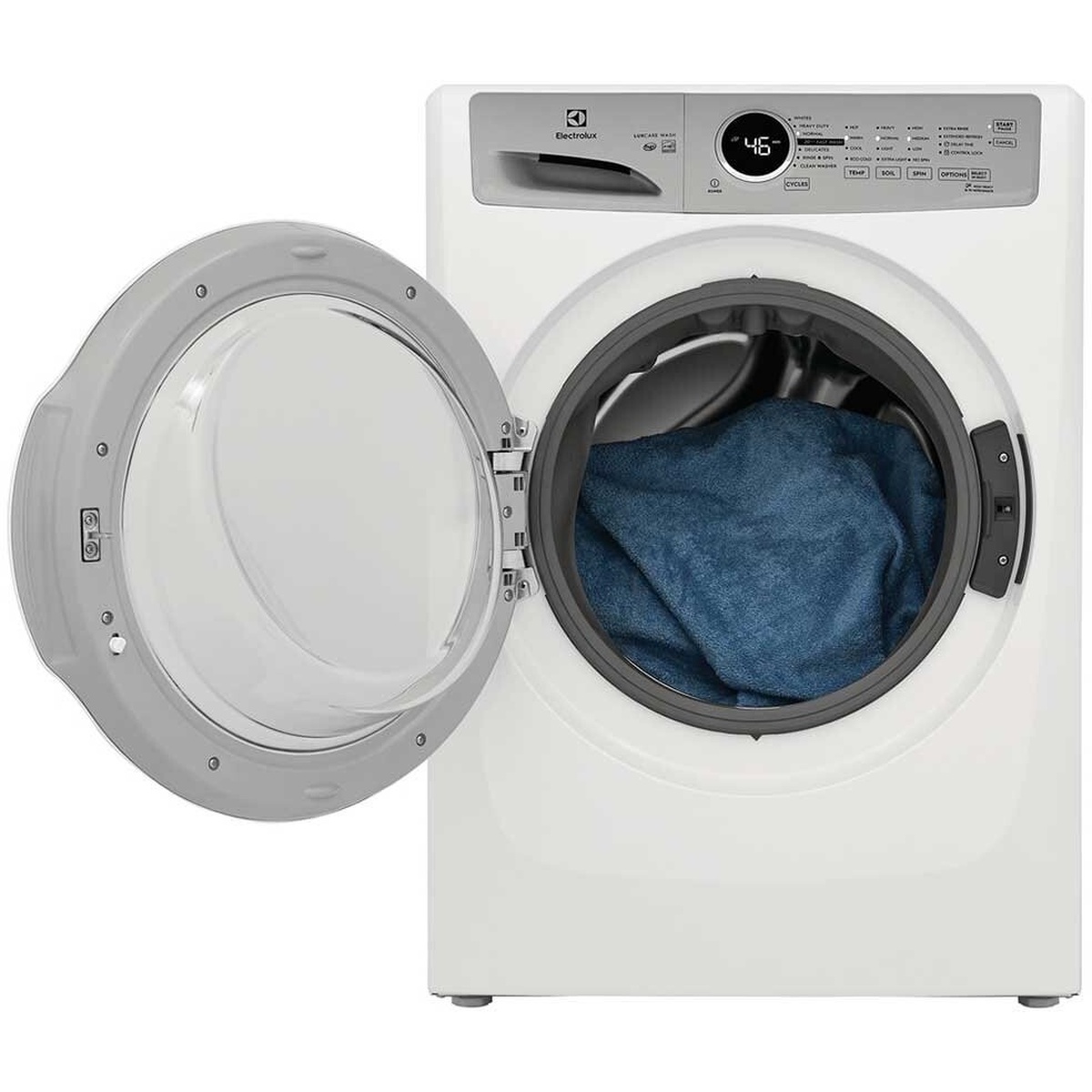 Electrolux front load washer with door open and laundry inside