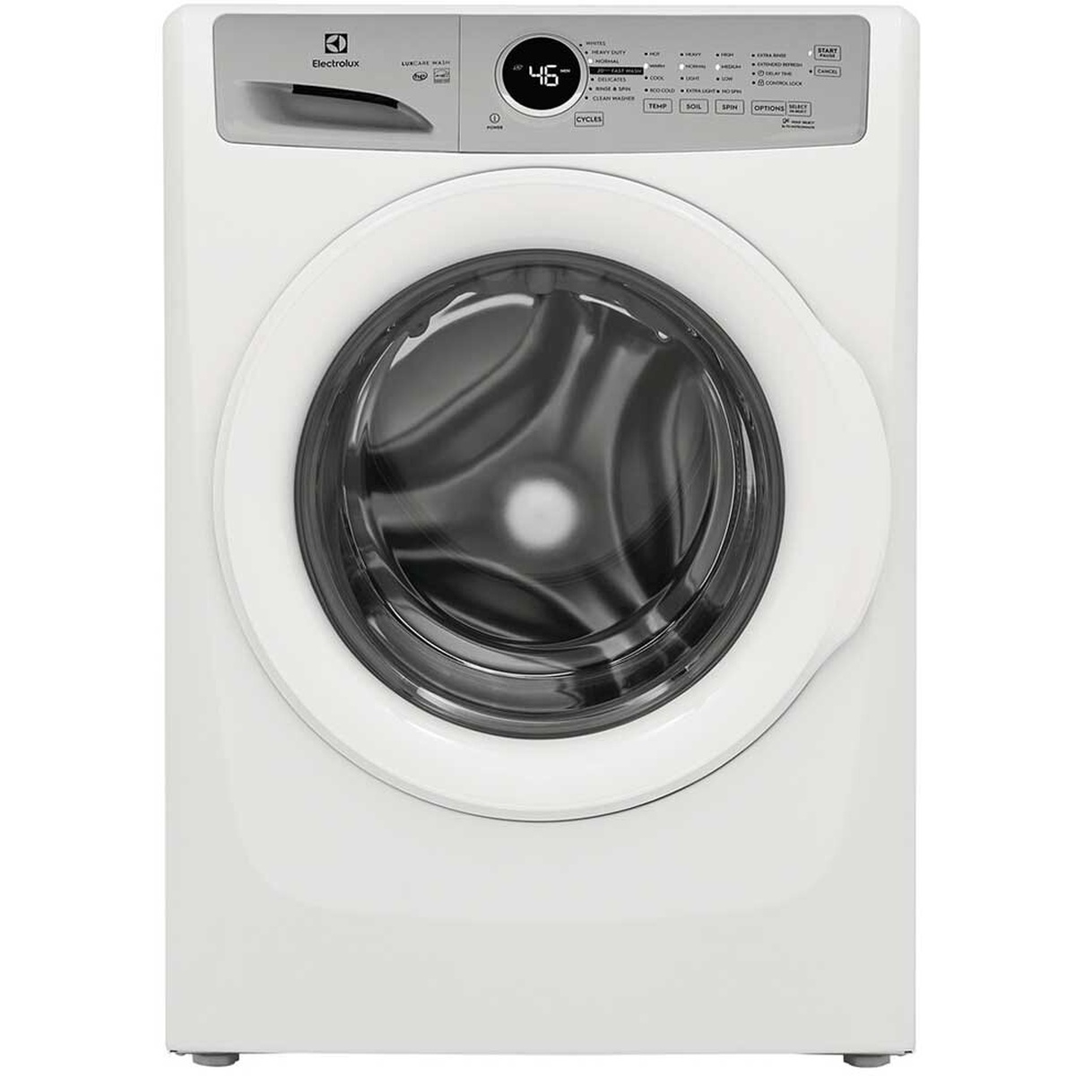 Electrolux washer front view showing digital display and cycle controls