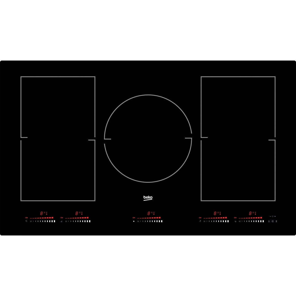 Black Beko induction cooktop with multiple zone outlines and front touch slider controls