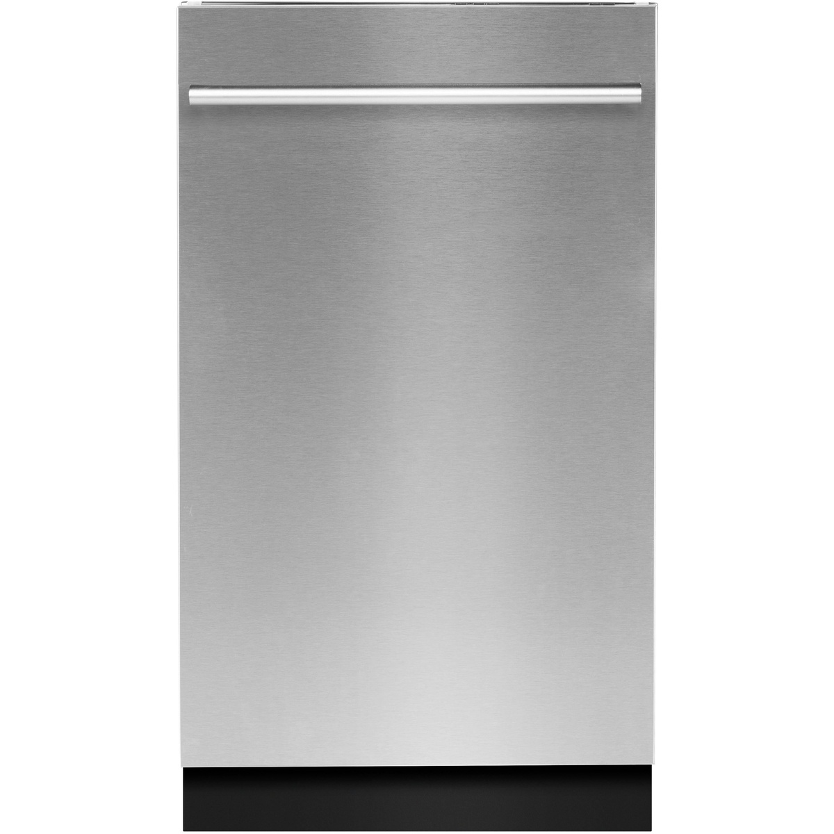 Front view of a stainless steel Blomberg built-in dishwasher door with a horizontal handle