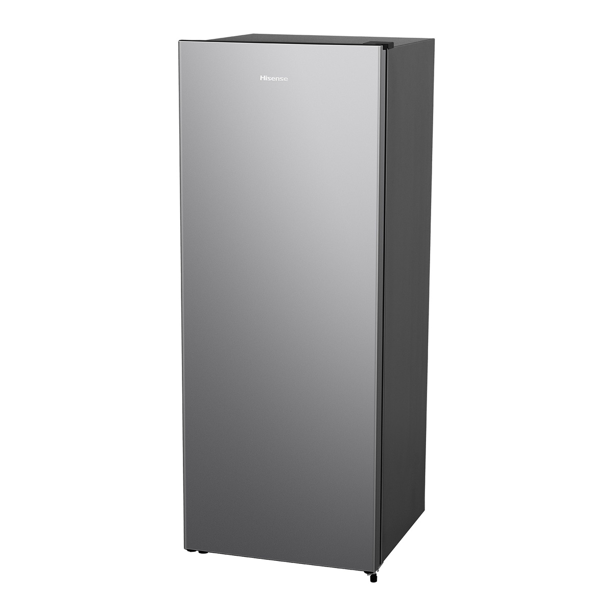 Angled exterior view of a Hisense upright unit with stainless steel look door and dark cabinet sides
