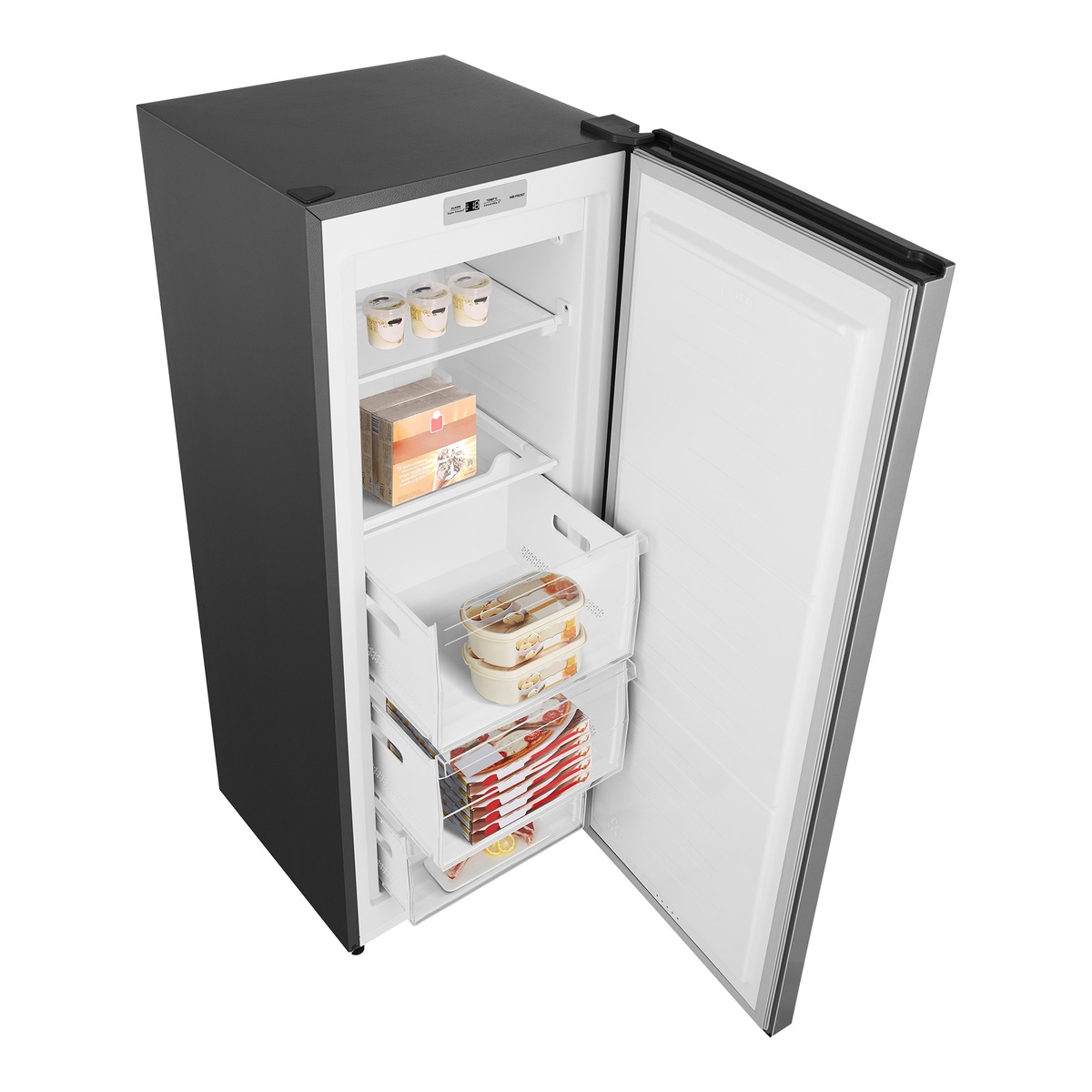 Open Hisense upright convertible unit showing top digital control panel, two shelves, and three clear pull-out drawers