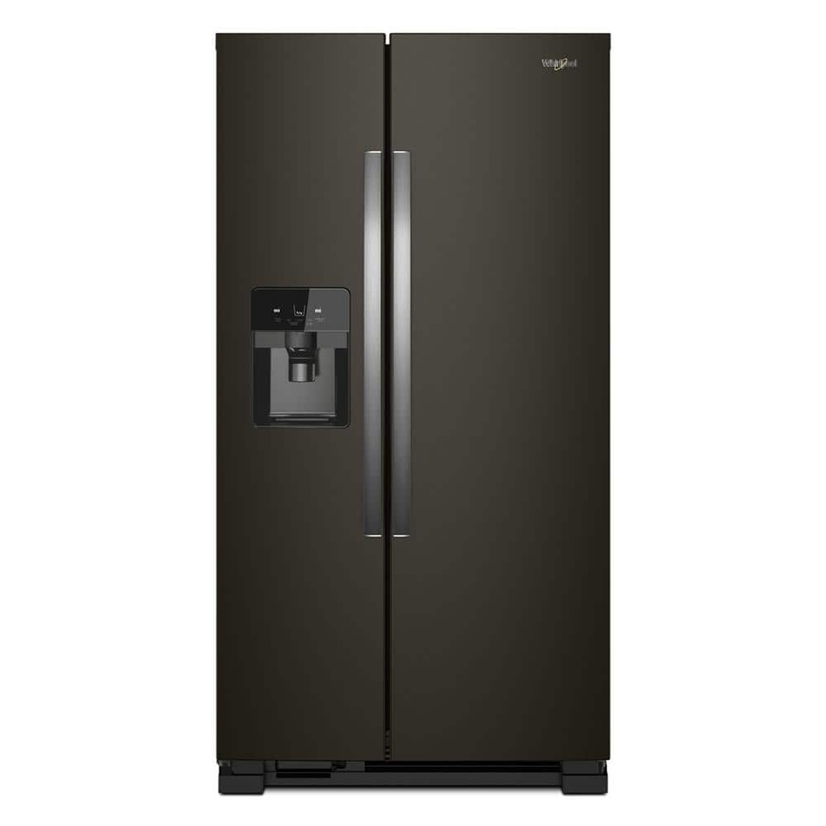 Front view of a Whirlpool fingerprint-resistant black stainless side-by-side refrigerator with external dispenser