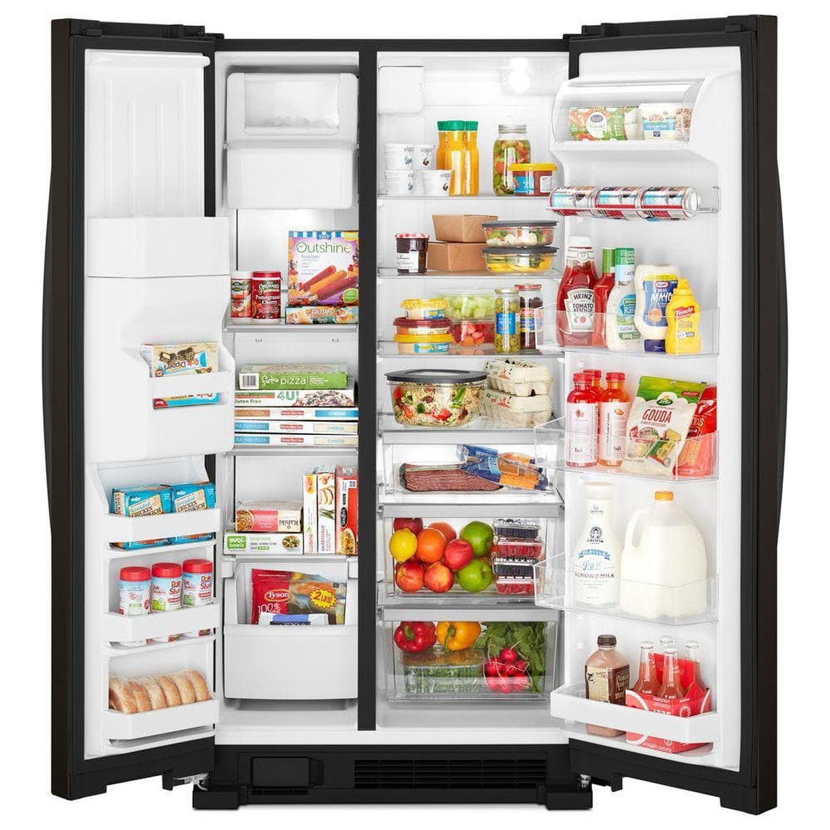 Open Whirlpool side-by-side refrigerator showing shelves, door bins, and drawers filled with food