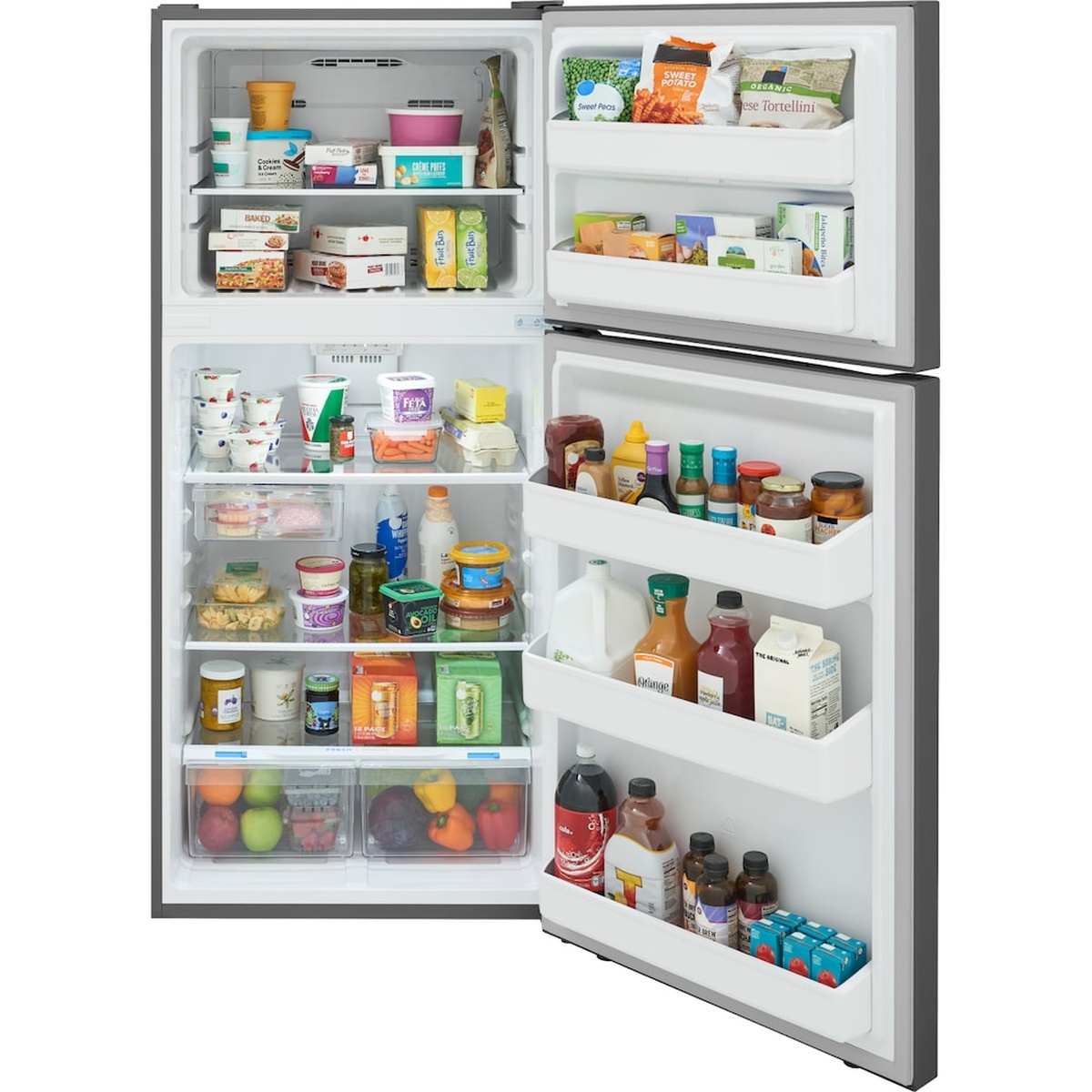 Open Frigidaire top-freezer refrigerator stocked with food, showing glass shelves, door bins, and crisper drawers