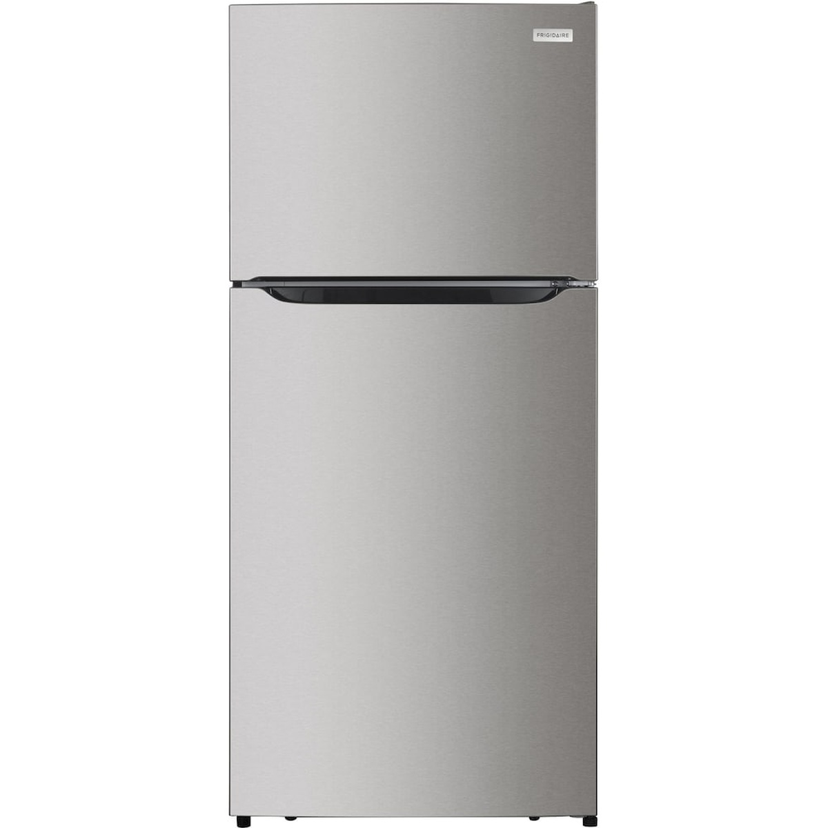 Front view of a Frigidaire stainless steel look top-freezer refrigerator with integrated handle and no dispenser