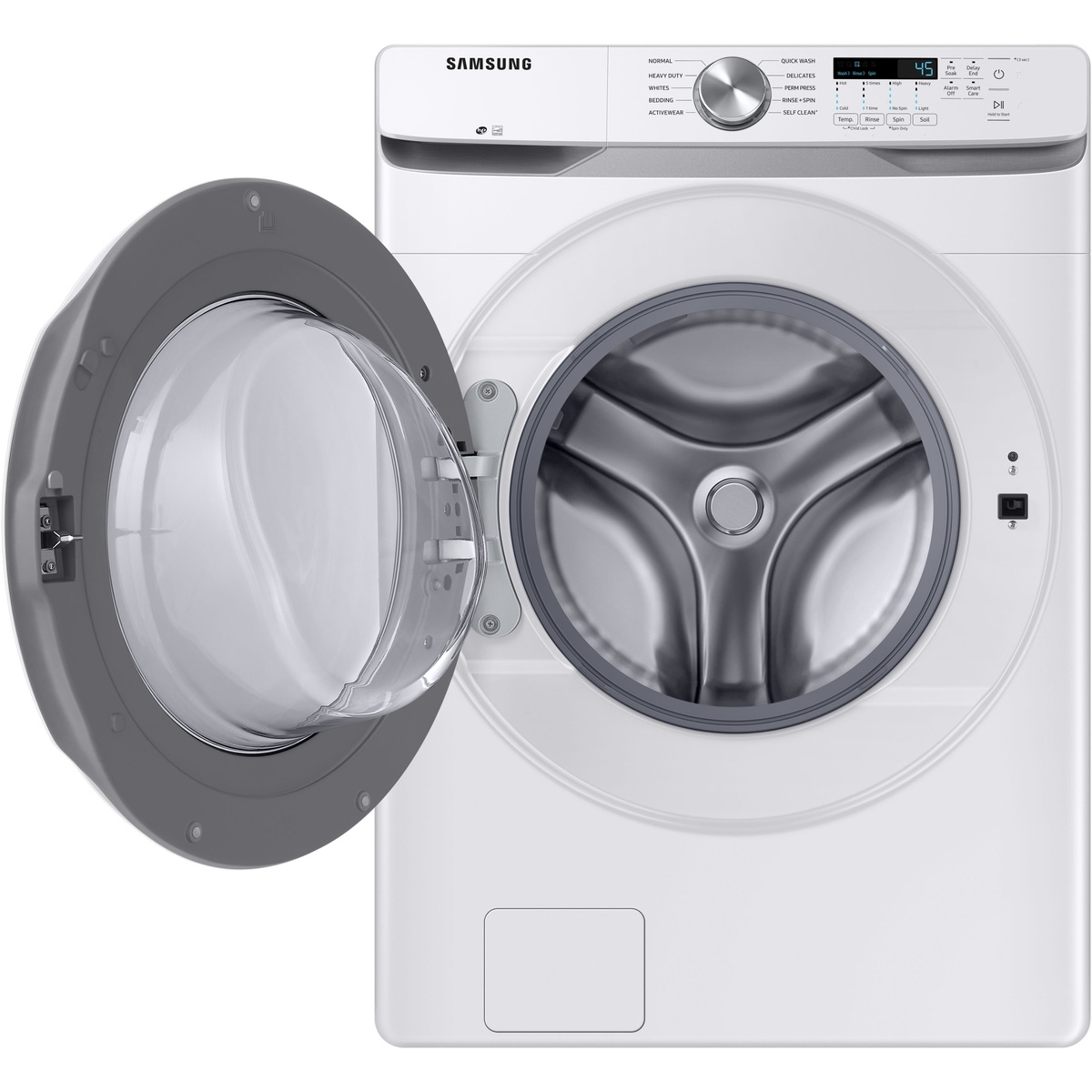 Front view of the washer with the door open, showing the stainless steel drum and gray door gasket.