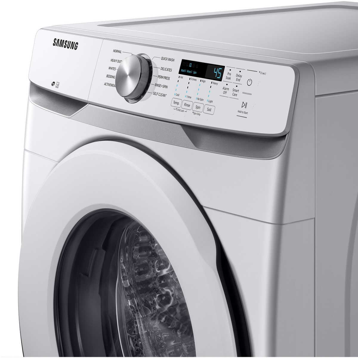Angled close-up of the Samsung washer control panel with cycle dial, digital time display, and option buttons.