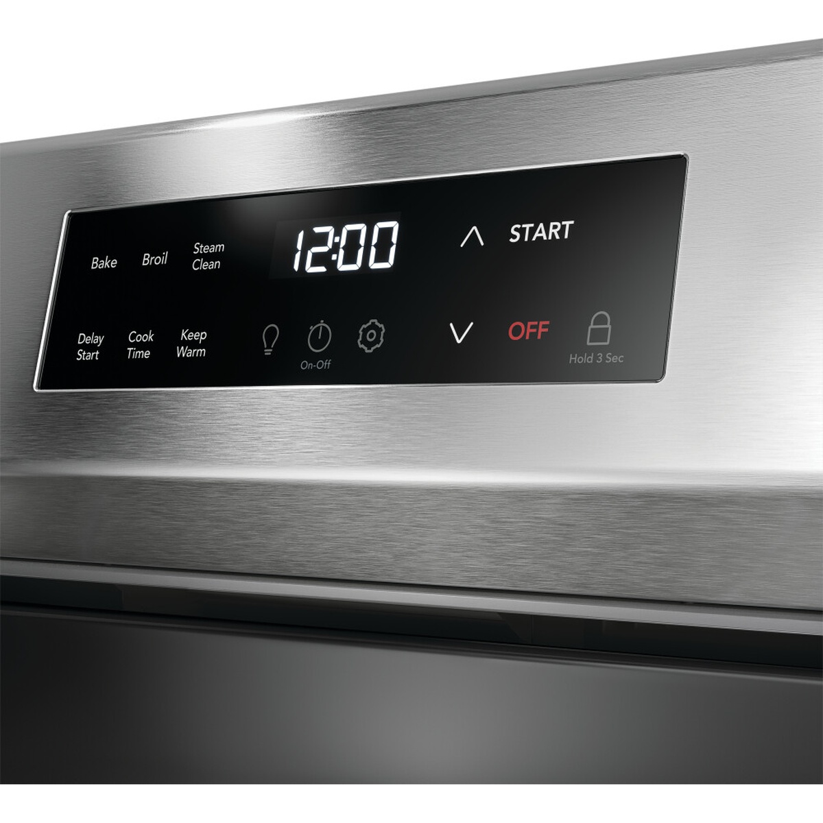 Close-up of the Frigidaire range control panel showing Bake, Broil, Steam Clean, Delay Start, Cook Time, Keep Warm, and Control Lock