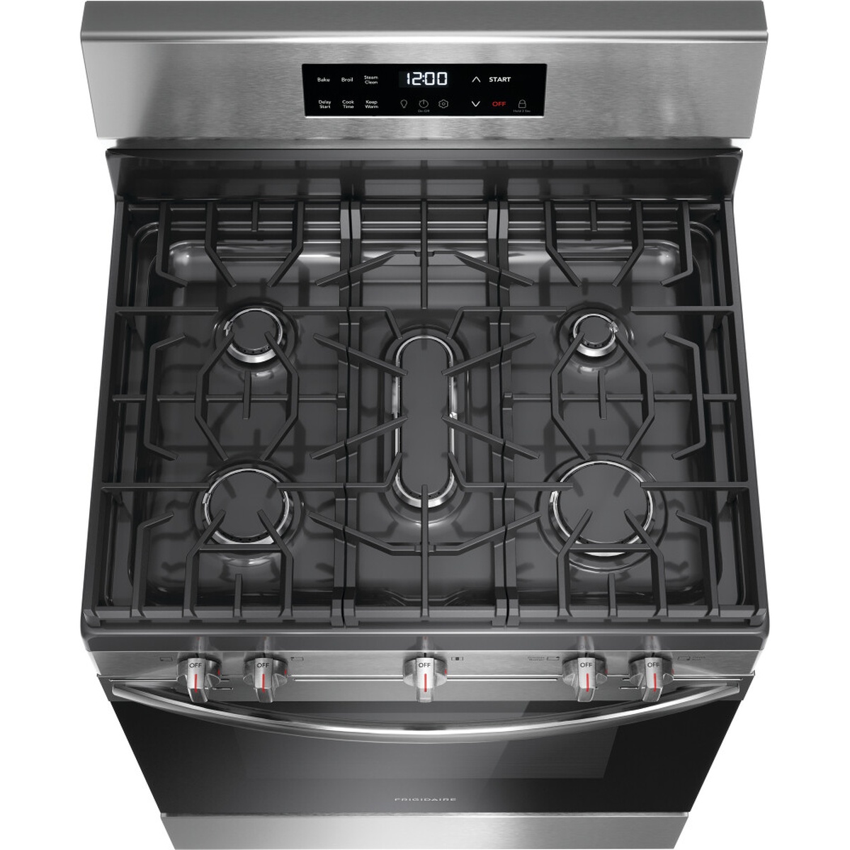 Top view of the Frigidaire FCRG3062AS gas cooktop showing five sealed burners, continuous grates, and a center oval burner