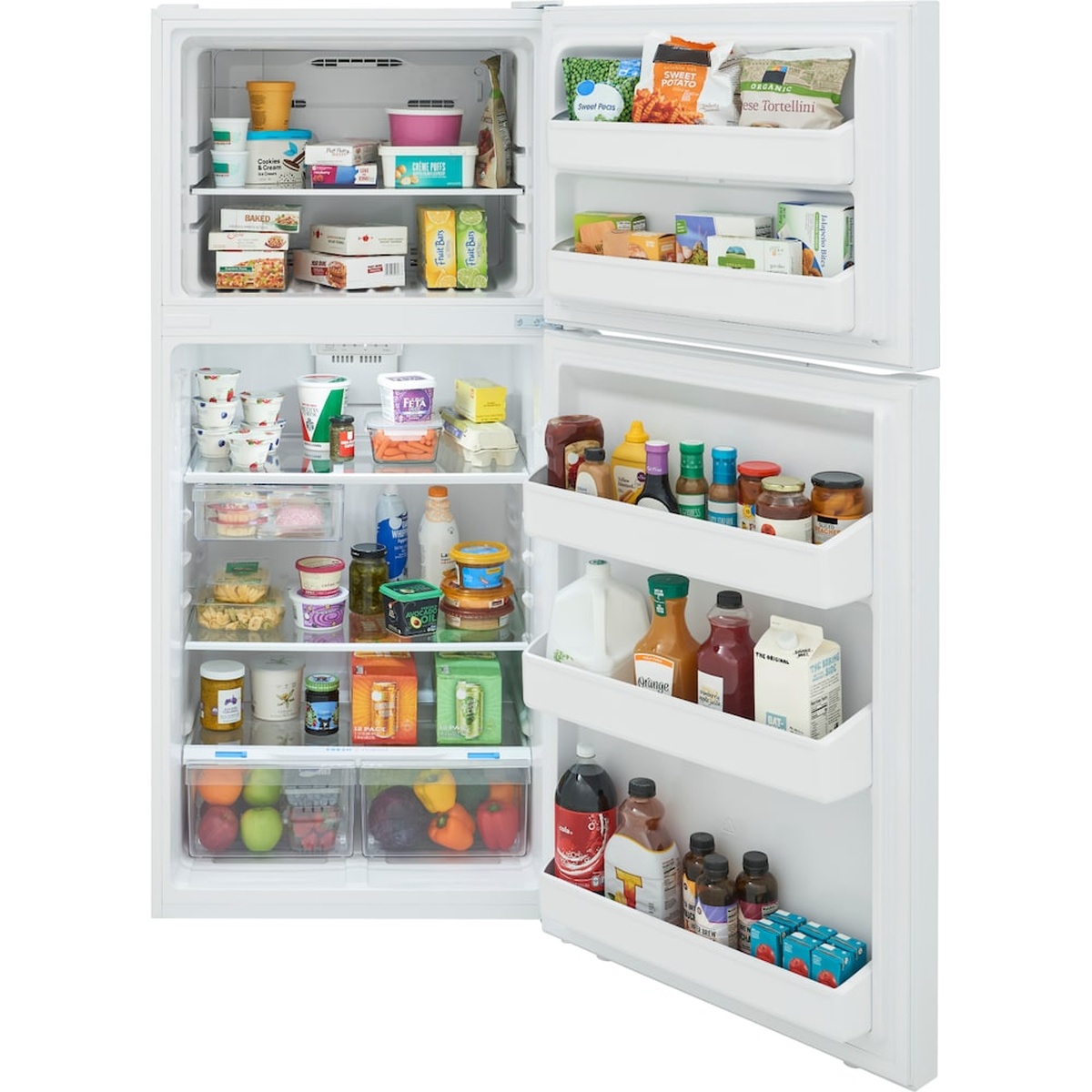 Open Frigidaire top-freezer refrigerator showing shelves, door bins, deli drawer area, and two clear crisper drawers filled with food