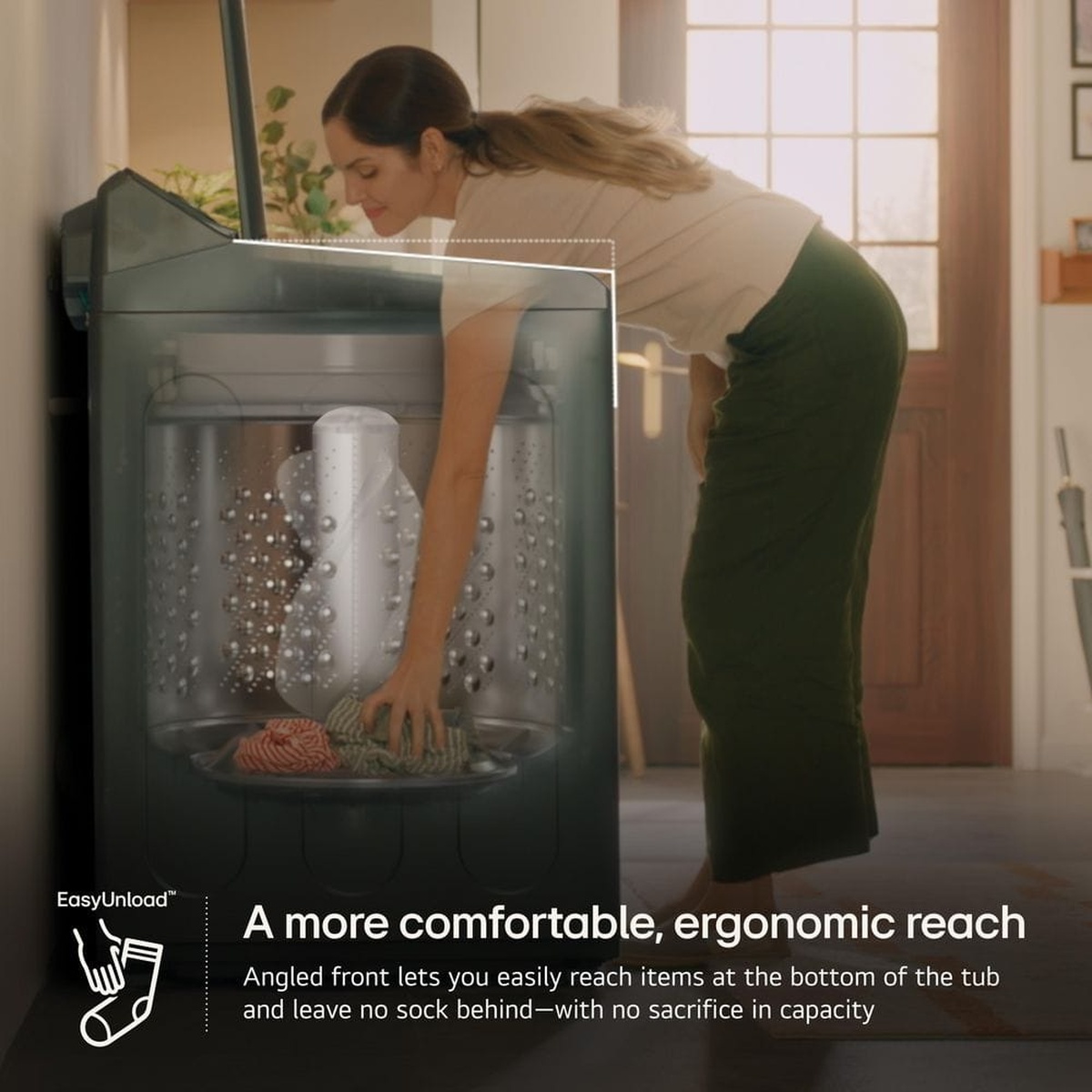 Person reaching into an open top-load washer with a cutaway view of the tub and text describing EasyUnload ergonomic reach