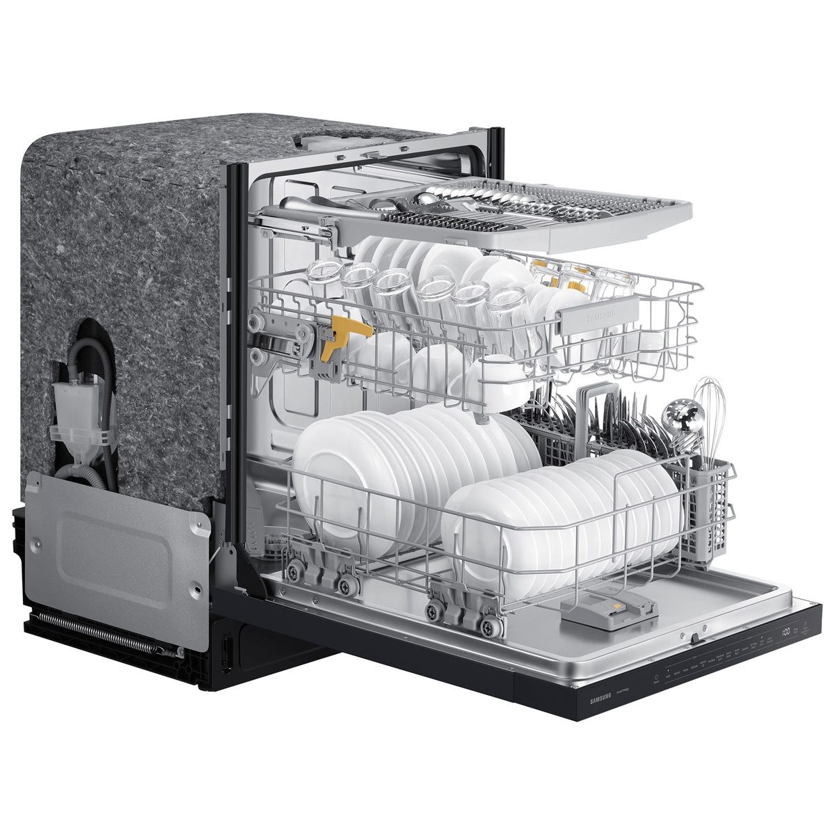 Angled view of an open Samsung built-in dishwasher showing a third rack, upper rack with adjustment levers, lower rack, and top control panel