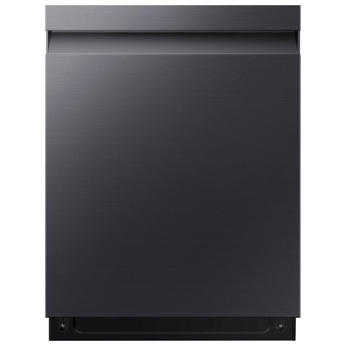 Front view of a Samsung 24-inch built-in dishwasher in matte black steel with a pocket handle
