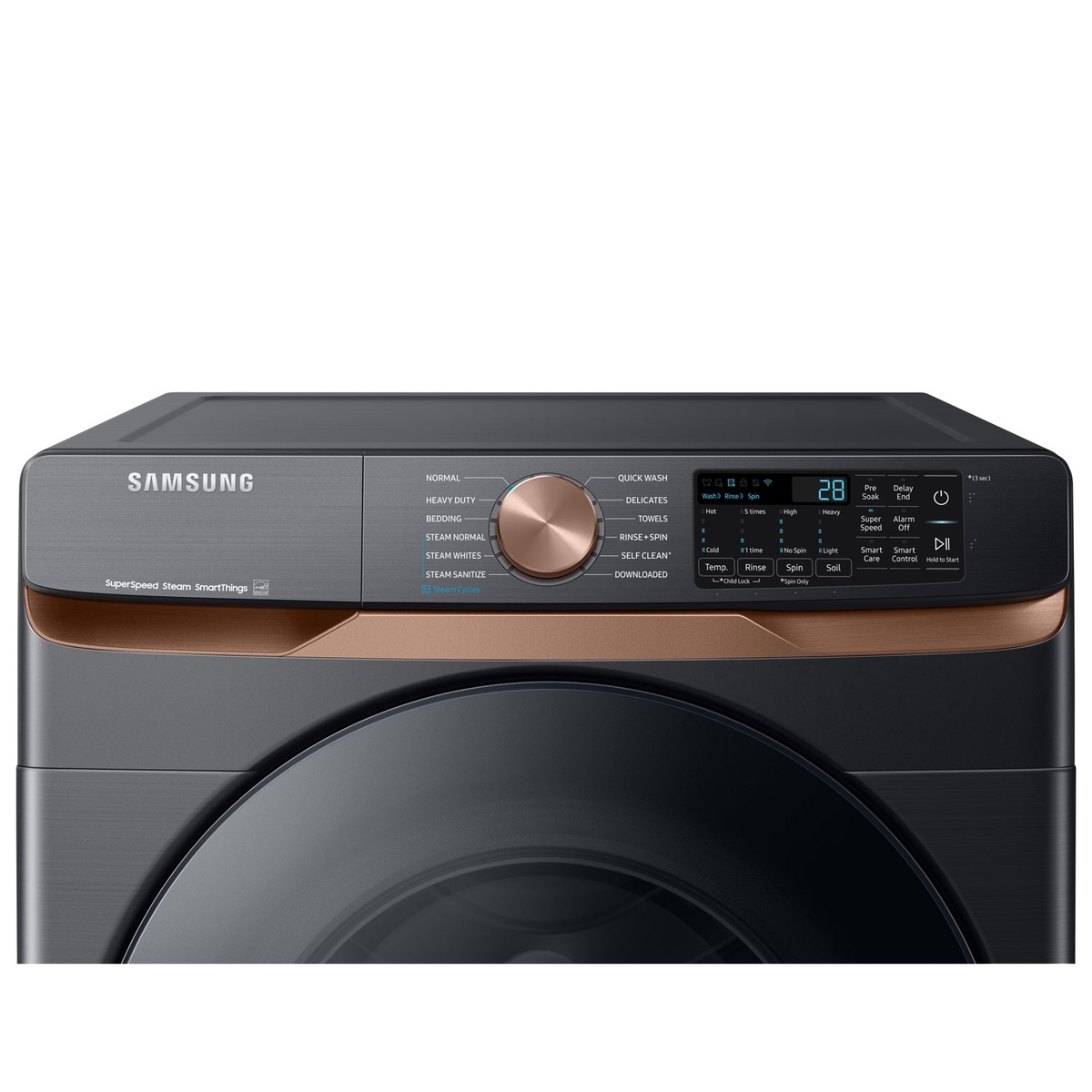 Close-up of the Samsung washer control panel with cycle dial and digital display