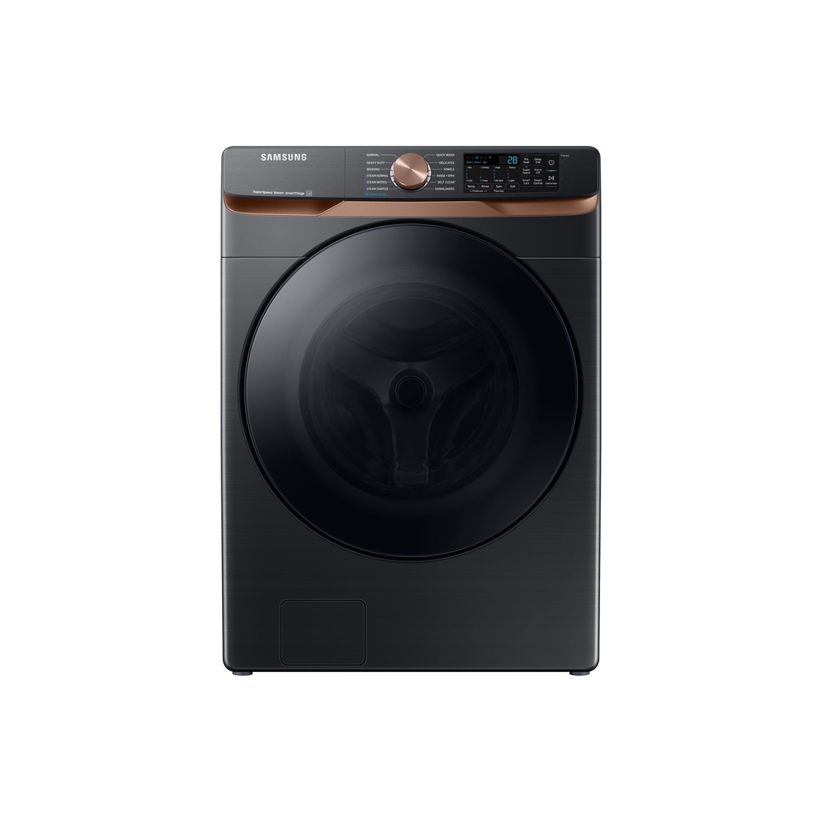Front view of the Samsung black stainless steel front-load washer