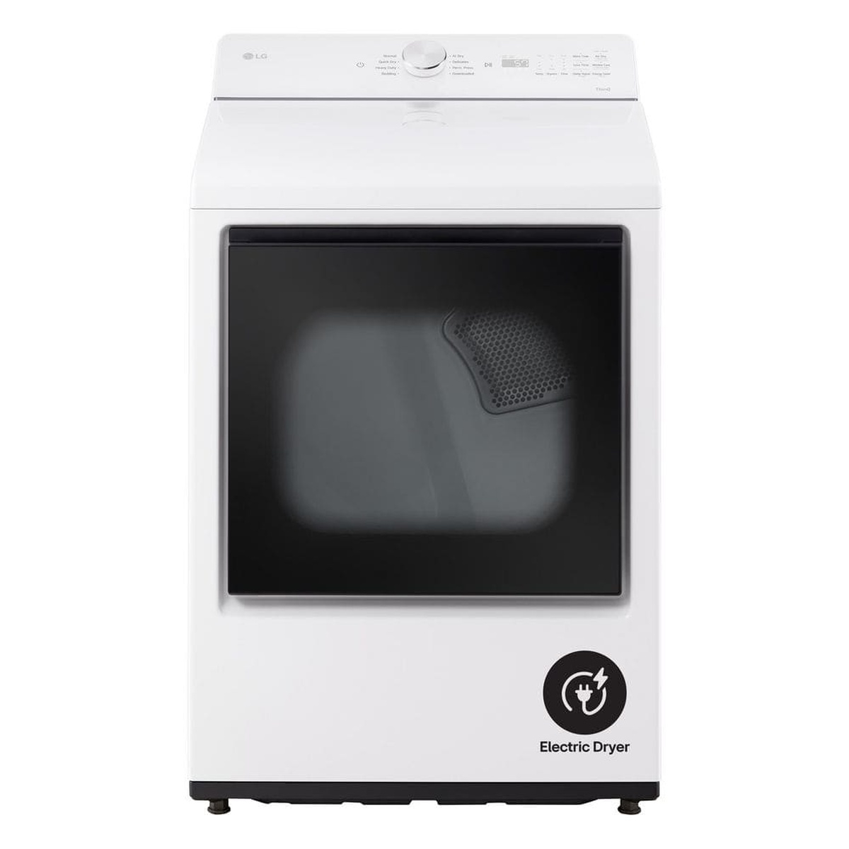 Front view of the white LG electric dryer with top controls and a large black door window