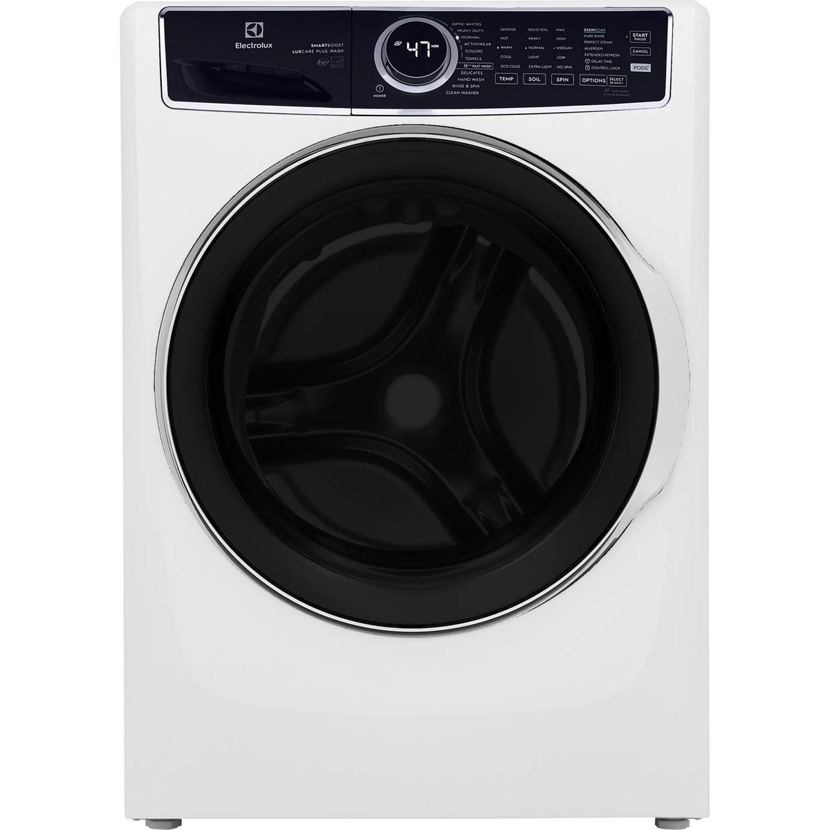 Front view of the white Electrolux ELFW7637AW front load washer showing the black control panel and round door