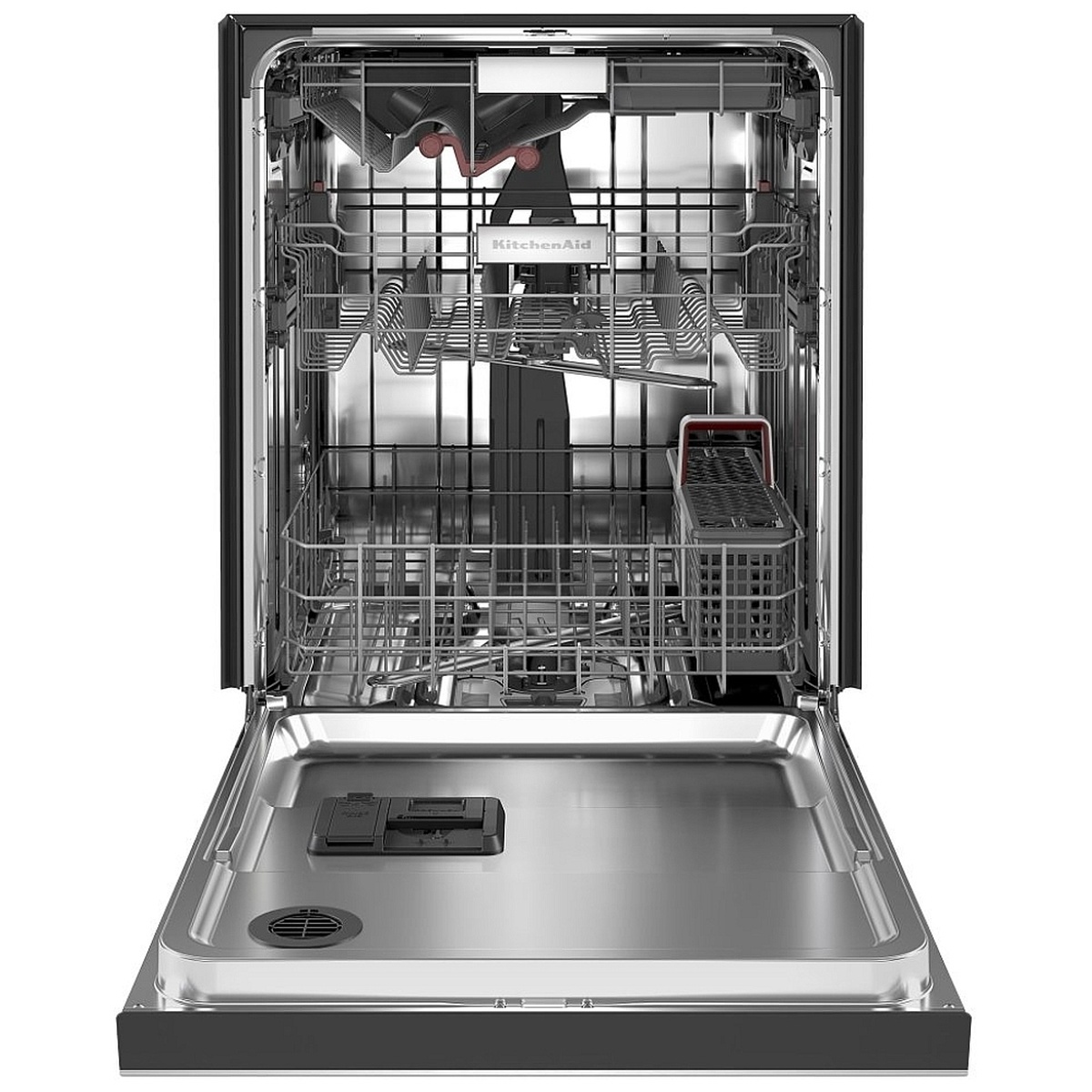 Open KitchenAid dishwasher showing stainless-steel interior with three racks and a removable silverware basket