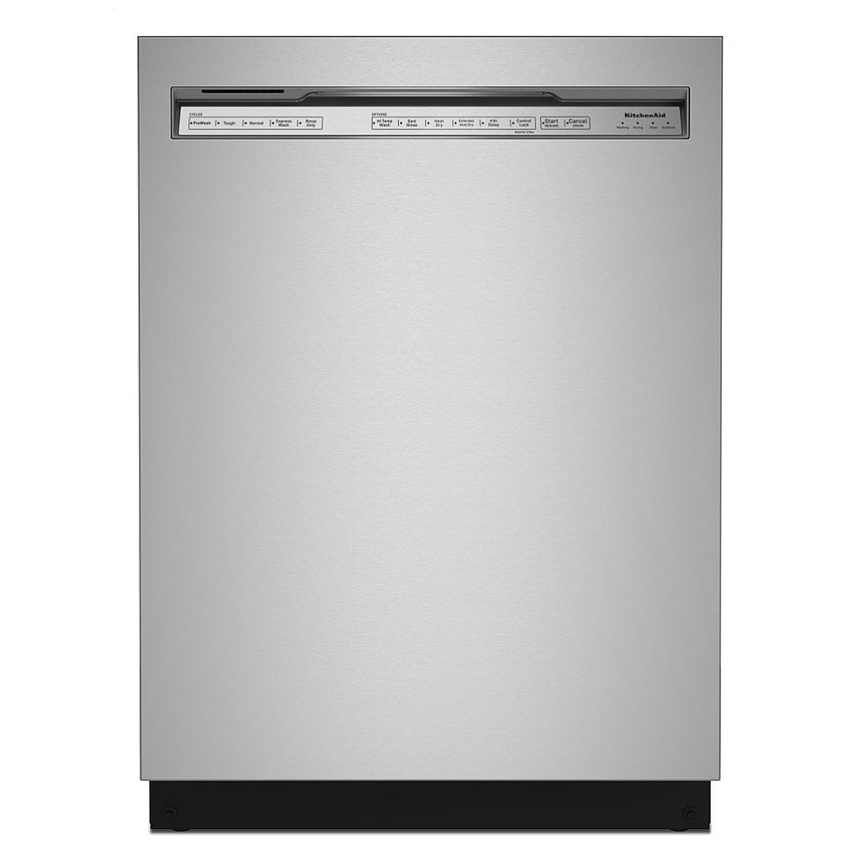 Front view of a KitchenAid built-in dishwasher with a stainless door and front control panel