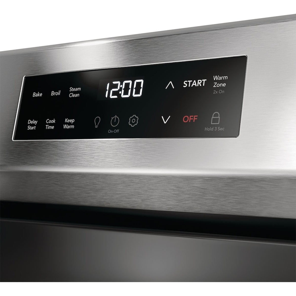 Close-up of the Frigidaire range backguard showing the digital touch controls with labels for Bake, Broil, Steam Clean, Delay Start, Cook Time, Keep Warm, and Control Lock