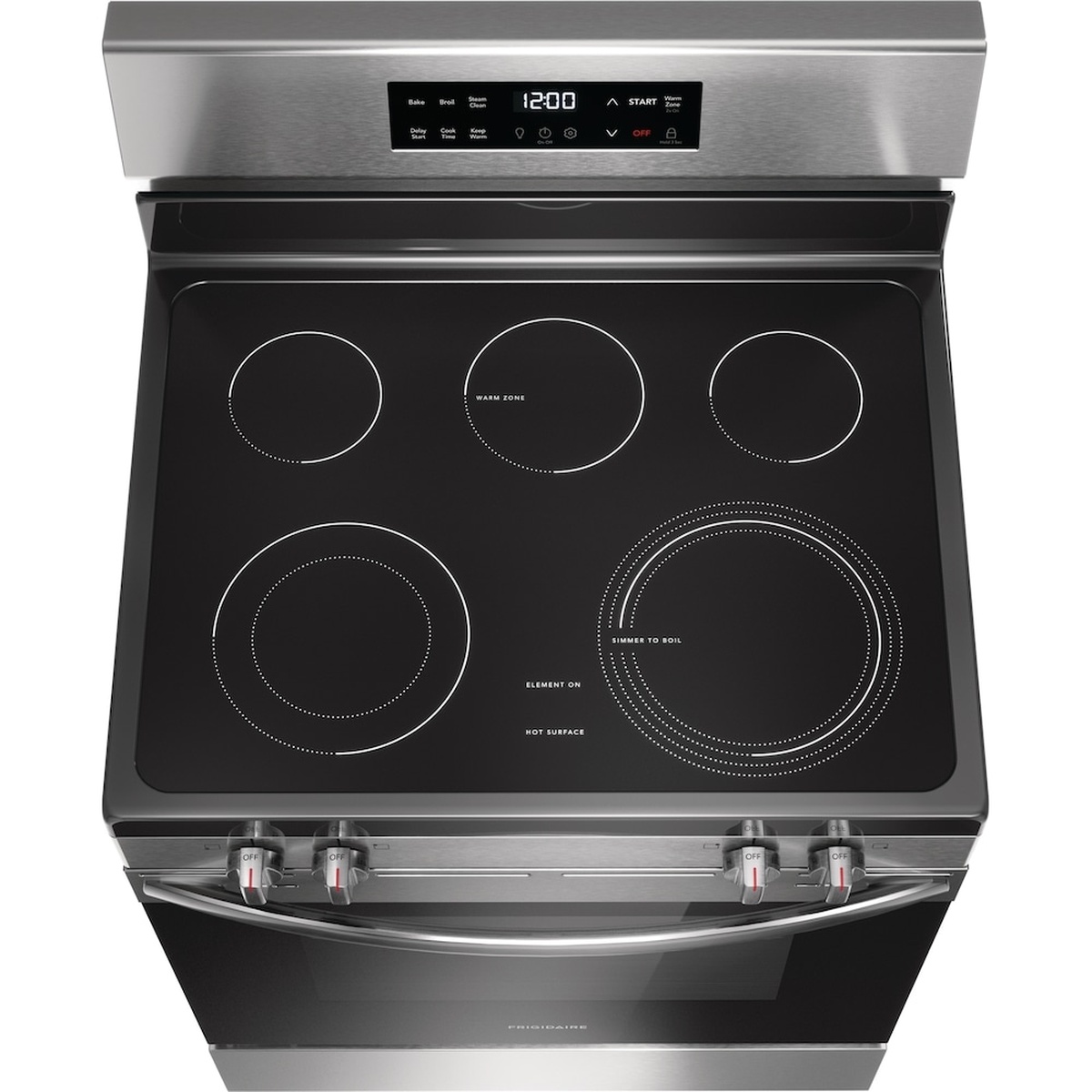 Angled top view of the Frigidaire electric range showing the smooth black glass cooktop with five radiant cooking zones, including a labeled Warm Zone and an expandable ring element