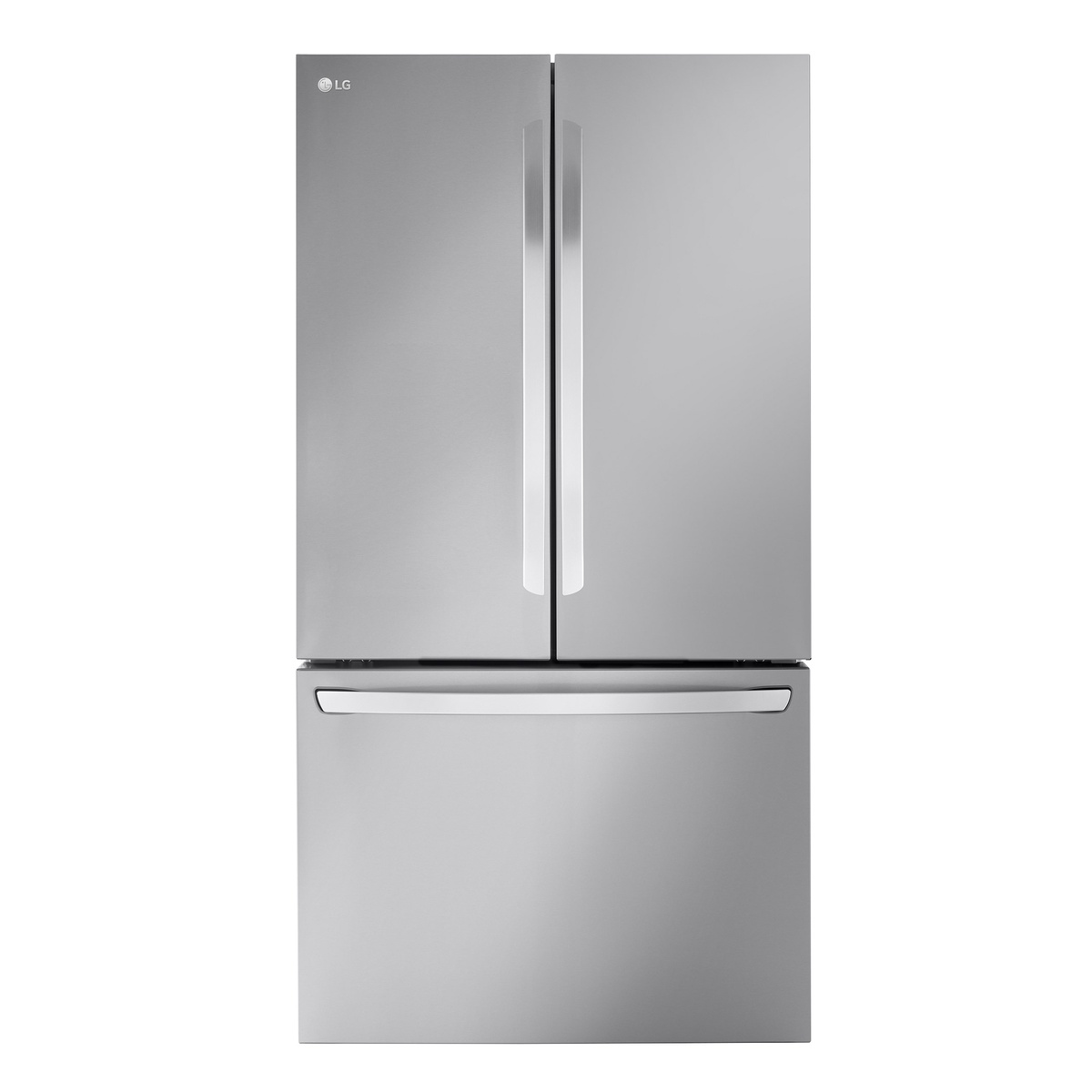Front view of an LG stainless steel French door refrigerator with a bottom freezer drawer