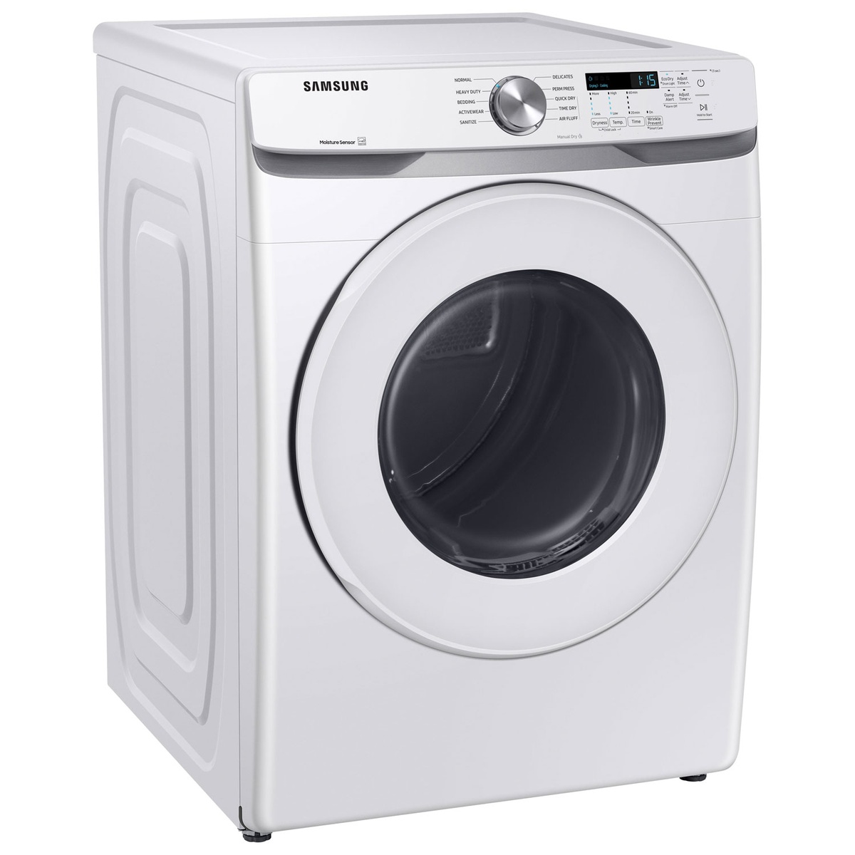 Angled view of the white Samsung front-load electric dryer showing the door and top control panel