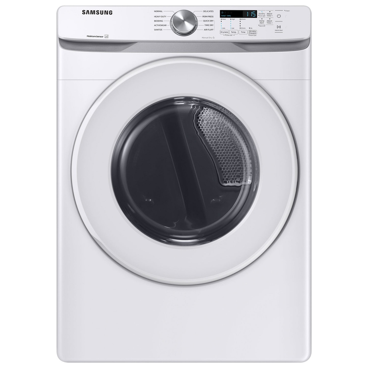 Front view of the white Samsung electric dryer with a central cycle knob and digital display