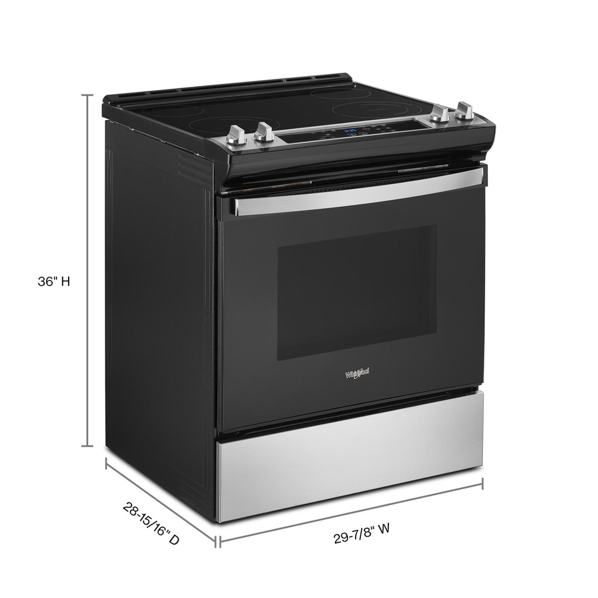 Angled view of the Whirlpool slide-in electric range with a smooth cooktop and oven door, with dimensions labeled including approximately 29-7/8 inch width and 36 inch height.