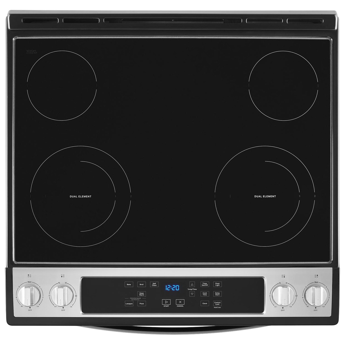Top view of the Whirlpool slide-in electric range showing a smooth glass cooktop with four elements, including two dual elements, plus a front control panel with knobs and touch buttons.