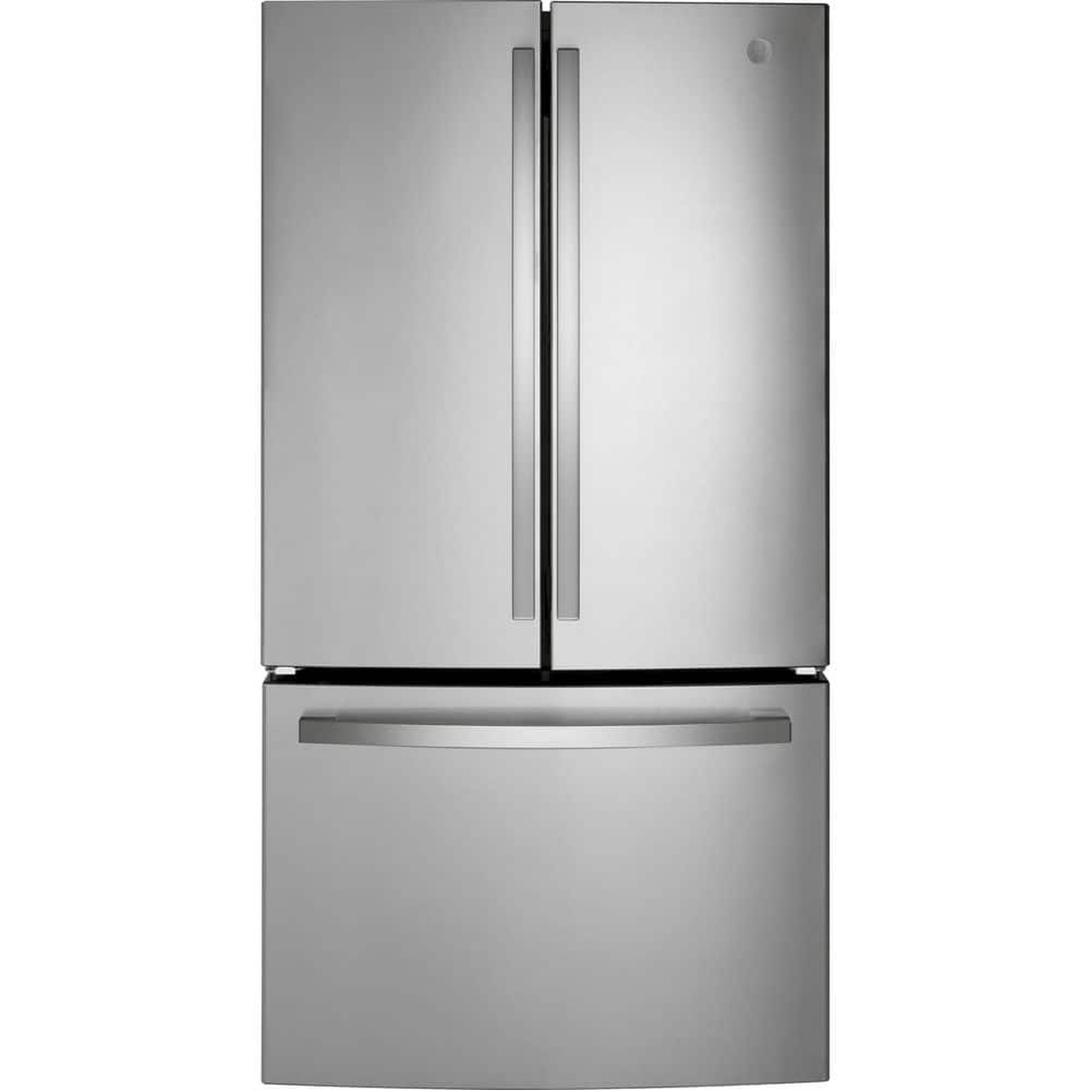 Front view of a GE fingerprint-resistant stainless French door refrigerator with bottom freezer drawer