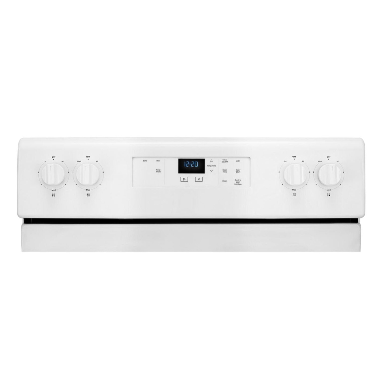 Close-up of the Whirlpool range backguard showing four burner knobs and a digital oven control panel with Bake, Broil, Keep Warm, Timer, Light, Delay Start, and Control Lock