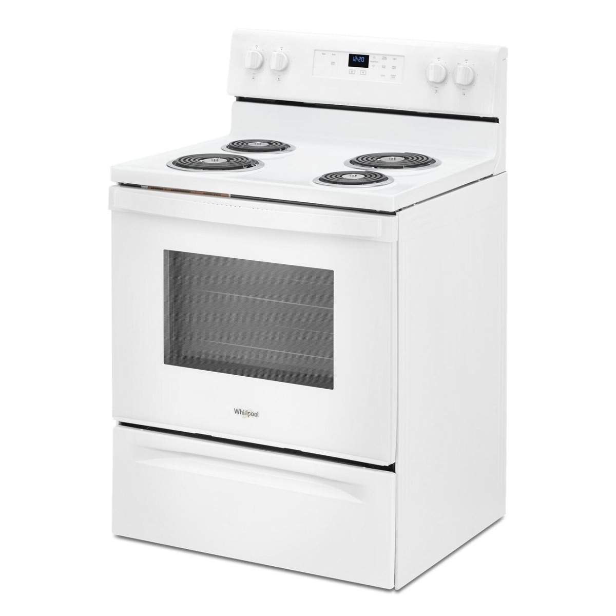 Angled view of a white Whirlpool freestanding electric range showing the coil cooktop, oven door window, and lower storage drawer