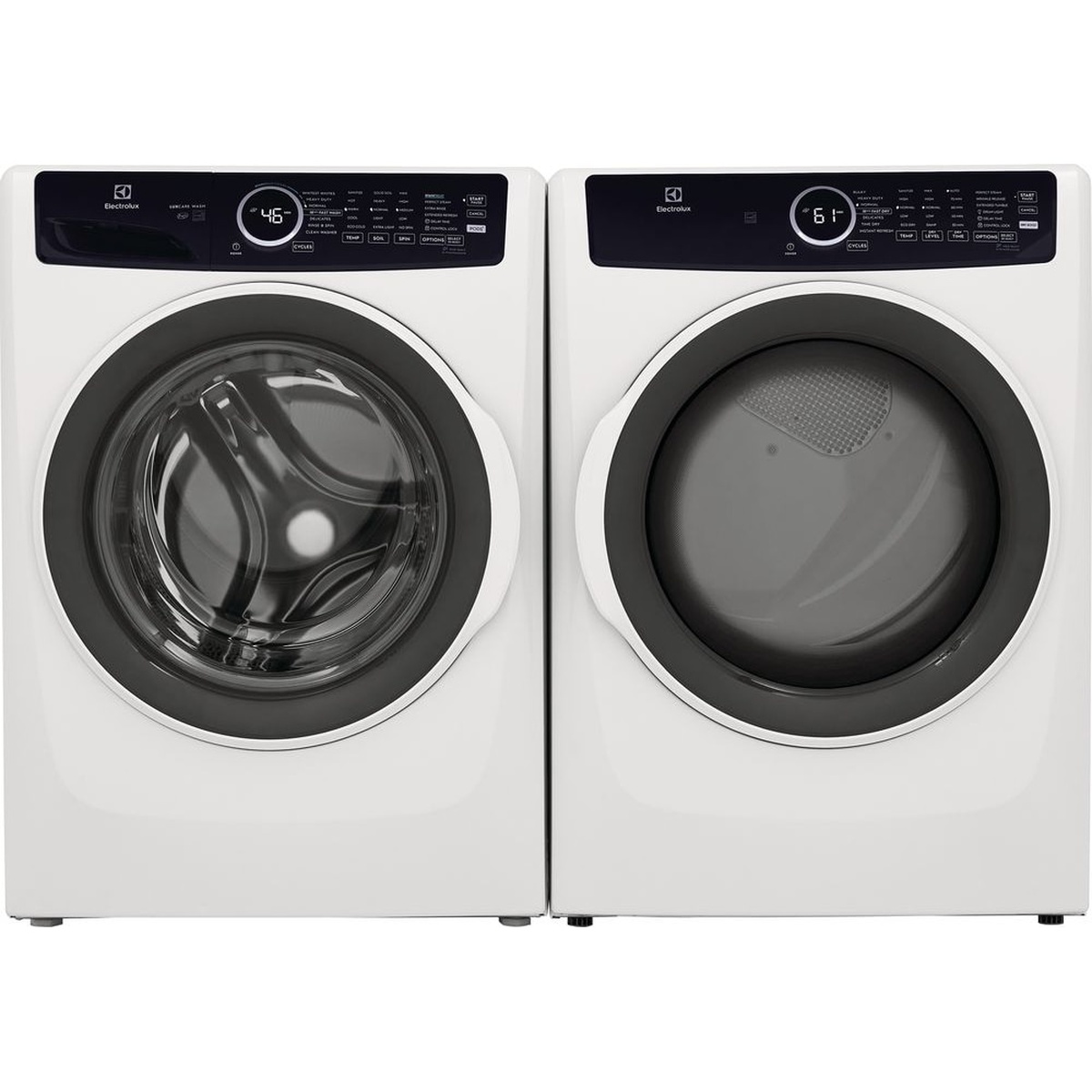 Electrolux front-load washer and matching front-load dryer shown side by side in white