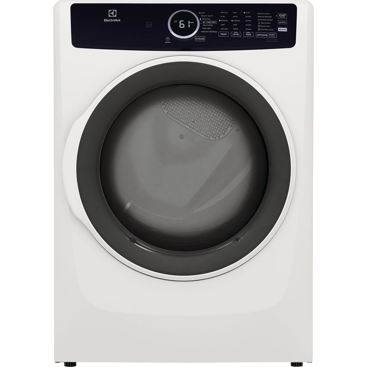 Front view of a white Electrolux front-load dryer with a dark-tinted round door and a top control panel