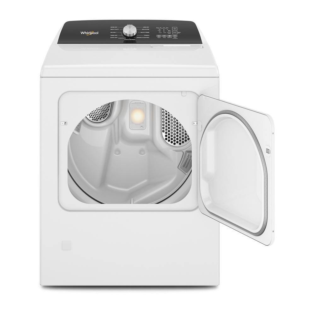 Whirlpool dryer shown with the door open, revealing the drum and an interior light