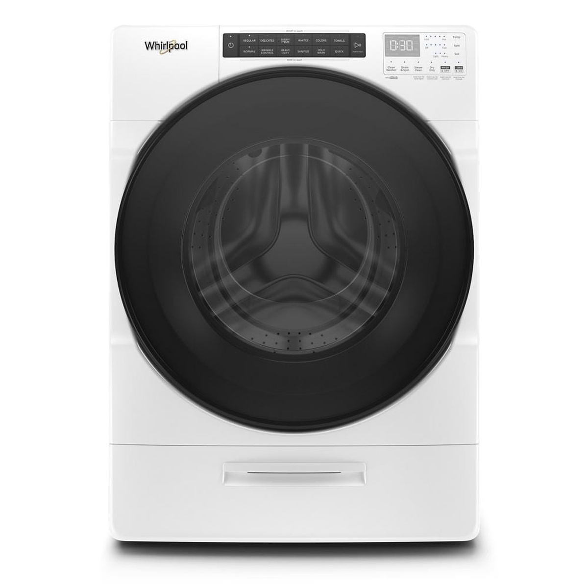 Front view of a white Whirlpool all-in-one washer dryer with a large dark door window and top front control panel