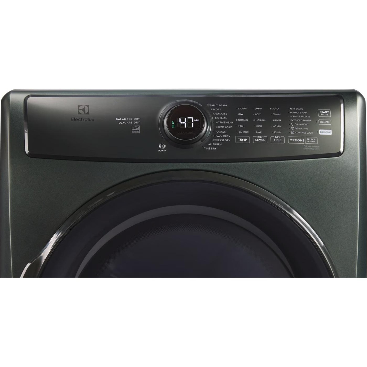 Close-up of the Electrolux dryer control panel with a central dial, digital display, and labeled cycle and option buttons