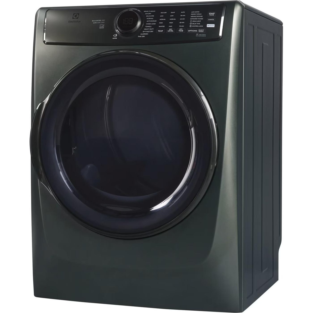 Angled view of the Electrolux front-load dryer in Alpine Green with a large round door and top control panel