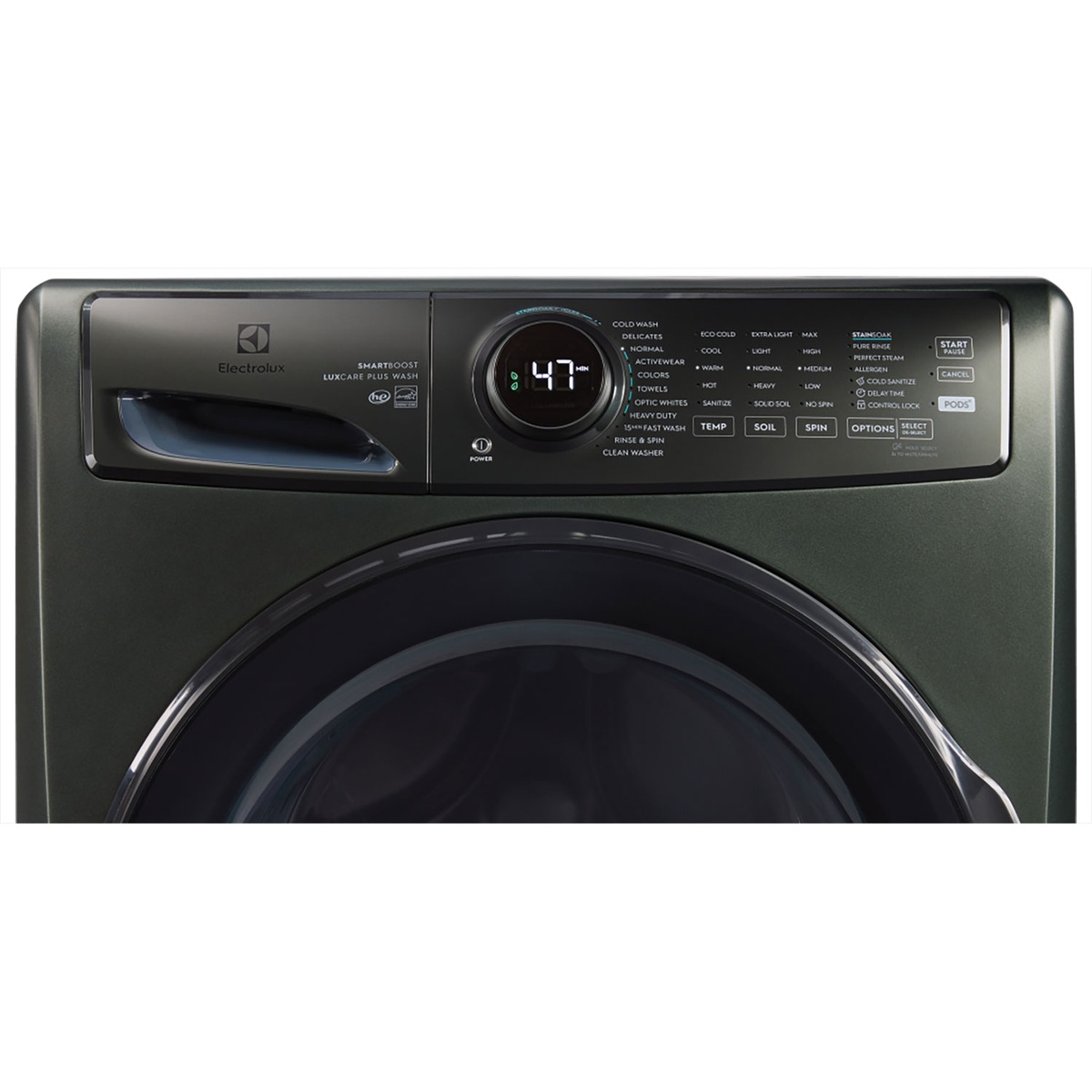 Close-up of an Electrolux front-load washer control panel in alpine green with a central cycle dial, time display, and labeled options such as SmartBoost, Pure Rinse, Perfect Steam, Allergen, and Cold Sanitize