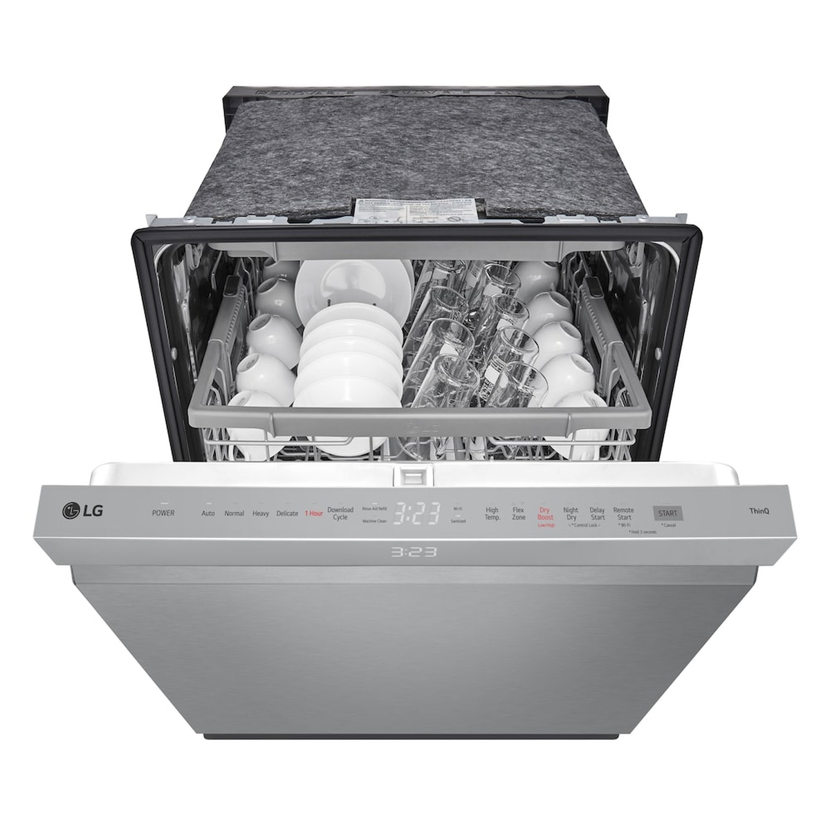 LG dishwasher with the door open, showing the top control panel and upper rack loaded with glasses and bowls