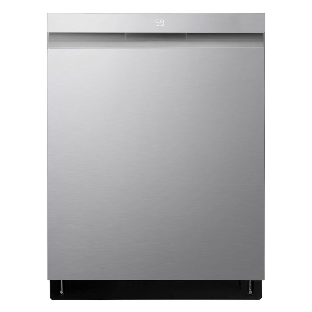 Front view of an LG top-control dishwasher in stainless steel with a small LED display on the top edge